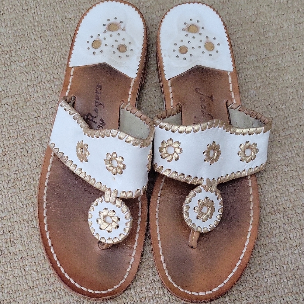Jack Rogers White/Gold Sandals with Whipstitching
